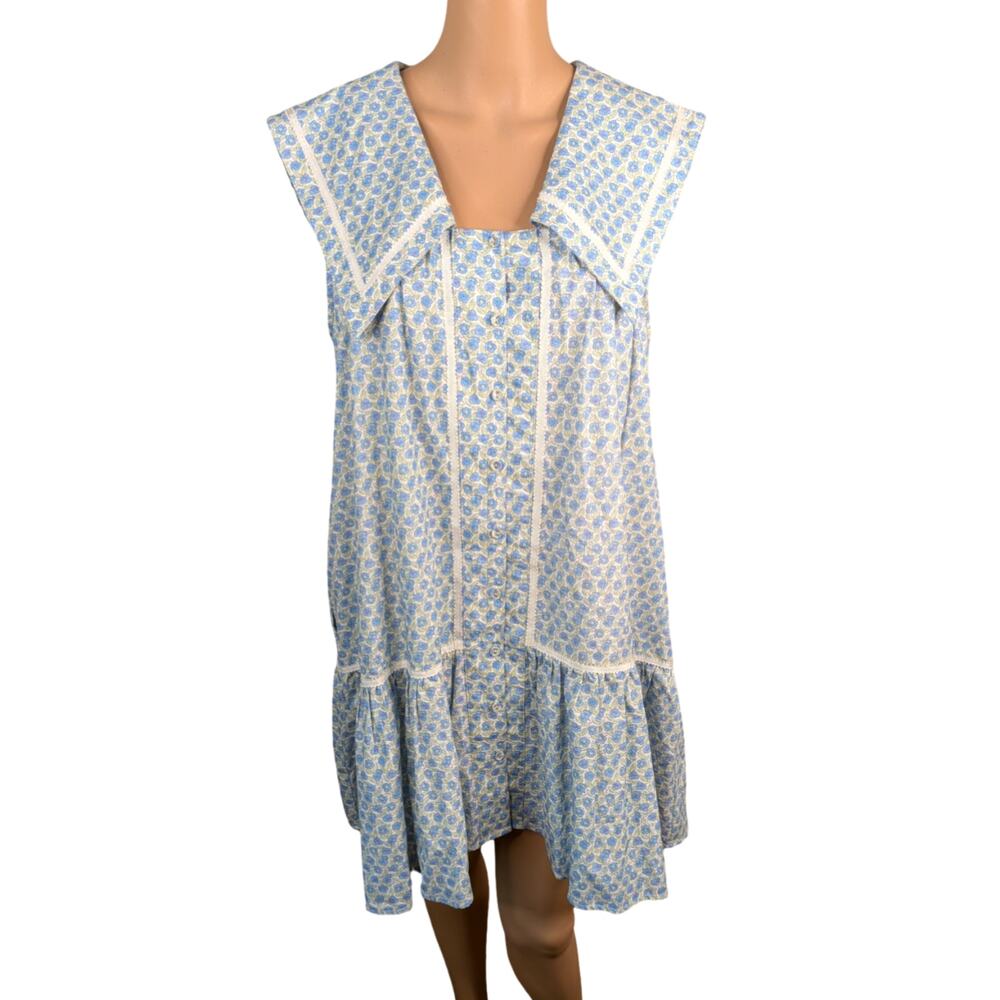 NWT Wishlist Blue Floral Babydoll Dress Oversized Collar Cottagecore Ribbon L